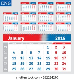 English calendar 2016, horizontal calendar grid, vector