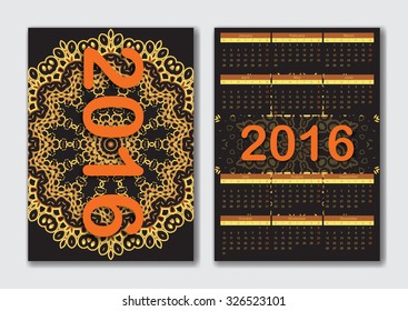 English calendar 2016. Vintage decorative elements. Oriental pattern, vector illustration. Islam, Arabic, Indian, turkish, pakistan, chinese, ottoman motifs