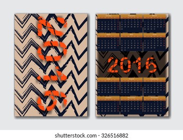 English calendar 2016. Zig zag ink stripes texture pattern