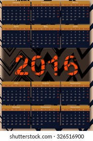 English calendar 2016. Zig zag ink stripes texture pattern.