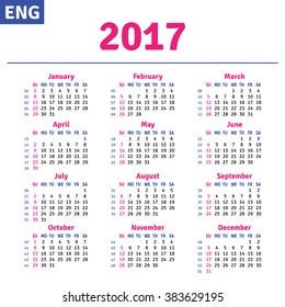 English calendar 2017, horizontal calendar grid, vector 