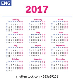 English calendar 2017, horizontal calendar grid, vector 