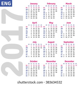 English calendar 2017, vertical calendar grid, vector 
