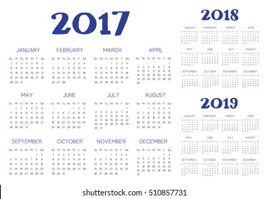 English Calendar 2017-2018-2019 vector blue and black 