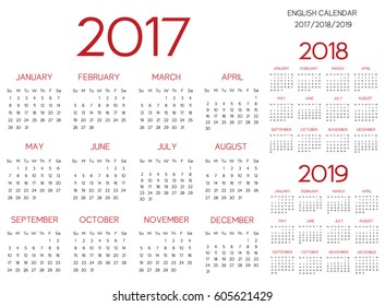 English Calendar 2017-2018-2019 vector red text is outline font is armata
