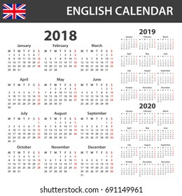 English Calendar for 2018, 2019 and 2020. Scheduler, agenda or diary template. Week starts on Monday