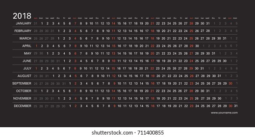 English calendar 2018 - linear simple design, creative horizontal grid with selected sundays. Black background and white numbers, red holidays. Editable template. 