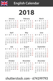 English Calendar for 2018. Scheduler, agenda or diary template. Week starts on Monday