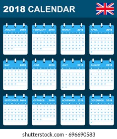 English Calendar for 2018. Scheduler, agenda or diary template. Week starts on Monday