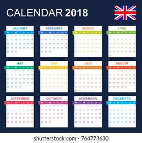English Calendar for 2018. Scheduler, agenda or diary template. Week starts on Monday