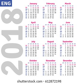 English calendar 2018, vertical calendar grid, vector 