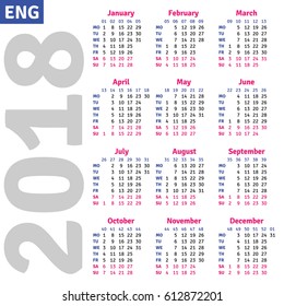 English calendar 2018, vertical calendar grid, vector 