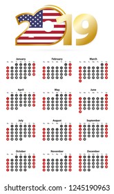 English calendar 2019 with numbers in circles, week starts on Sunday.