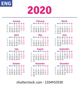 English calendar 2020, horizontal text calendar grid on white background, vector