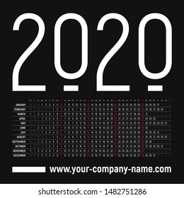 English calendar 2020 - linear simple design, creative horizontal grid with selected sundays. Black background and white numbers, red holidays. Editable template.