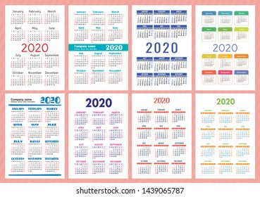 English calendar 2020 year. Colorful pocket calender set. Vector template collection. Week starts on Sunday