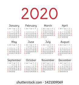 English calendar 2020 year. Vector square calender design template. Week starts on Sunday
