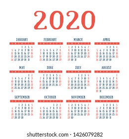 English calendar 2020 year. Vector square calender design template. Week starts on Sunday