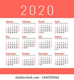 English calendar 2020 year. Vector square calender design template. Week starts on Sunday