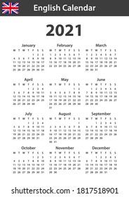 English Calendar for 2021. Scheduler, agenda or diary template. Week starts on Monday