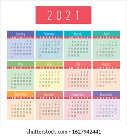 English calendar 2021. Square vector calender design template. Week starts on Sunday. New year