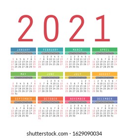 English calendar 2021. Square vector calender design template. Week starts on Sunday. New year