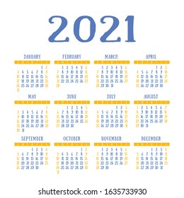 English calendar 2021. Square vector calender design template. Week starts on Sunday. New year