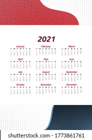 English calendar of 2021. Week starts on Sunday. Office supplies design. Business template. Abstract colorful illustration. Vector