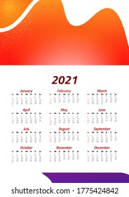 English calendar of 2021. Week starts on Sunday. Office supplies design. Business template. Abstract colorful illustration. Vector