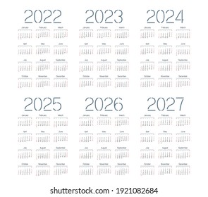 English calendar  2022 - 2027 on white background, week starts on Sunday 