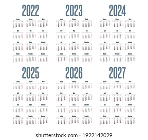 English calendar  2022 - 2027 on white background, week starts on Sunday 