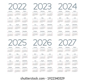 English calendar  2022 - 2027 on white background, week starts on Sunday 
