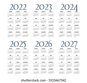 English calendar  2022 - 2027 on white background, week starts on Sunday 