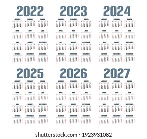 English calendar  2022 - 2027 on white background, week starts on Sunday 