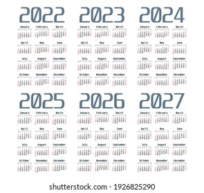 English calendar  2022 - 2027 on white background, week starts on Sunday 
