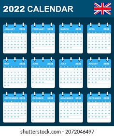 English Calendar for 2022. Scheduler, agenda or diary template. Week starts on Monday