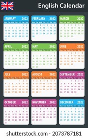 English Calendar for 2022. Scheduler, agenda or diary template. Week starts on Monday