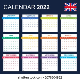 English Calendar for 2022. Scheduler, agenda or diary template. Week starts on Monday