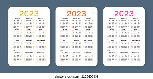 English calendar 2023 collection. Vertical wall or pocket vector calender template. Week starts on Sunday