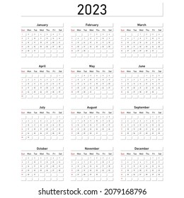 English calendar for 2023. Week starts on Sunday. Vector illustration.