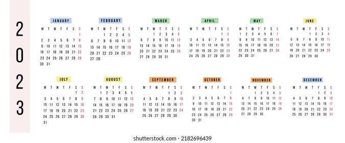 English calendar 2023 year. Vector horizontal stationery calendar week starts Monday. Yearly organizer. Simple calendar template in minimal design. Business illustration.