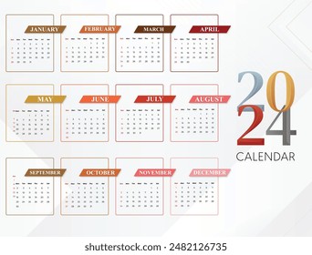 English calendar 2024 year background . Annual with 12 months  week start Monday corporate design template vector. Modern simple illustration