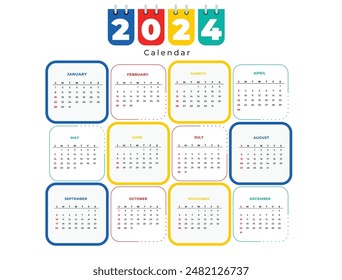 Calendario Inglés 2024 año de fondo . Anual con 12 meses de inicio de la semana Lunes Vector de Plantilla de diseño corporativo. Ilustración simple moderna