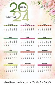 English calendar 2024 year background . Annual with 12 months  week start Monday corporate design template vector. Modern simple illustration