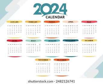 English calendar 2024 year background . Annual with 12 months  week start Monday corporate design template vector. Modern simple illustration