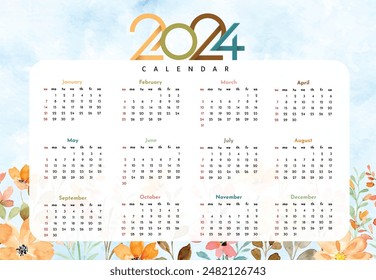 English calendar 2024 year background . Annual with 12 months  week start Monday corporate design template vector. Modern simple illustration