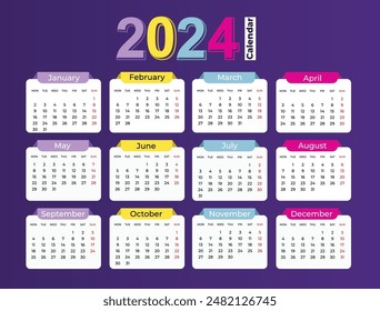 English calendar 2024 year background . Annual with 12 months  week start Monday corporate design template vector. Modern simple illustration