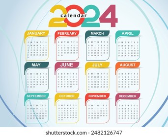 English calendar 2024 year background . Annual with 12 months  week start Monday corporate design template vector. Modern simple illustration