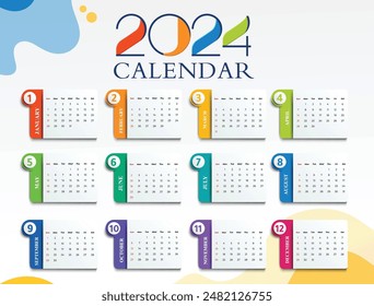 Calendario Inglés 2024 año de fondo . Anual con 12 meses de inicio de la semana Lunes Vector de Plantilla de diseño corporativo. Ilustración simple moderna