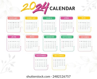 English calendar 2024 year background . Annual with 12 months  week start Monday corporate design template vector. Modern simple illustration